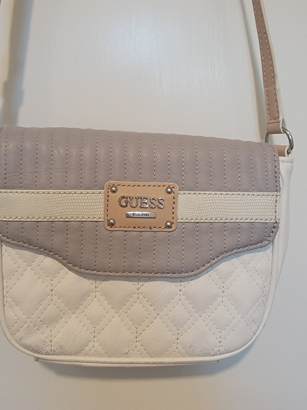 GUESS Two-Tone Quilted Crossbody Bag in Light Gray and Cream